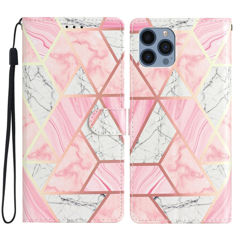 iPhone 15 Pro Max Colored Drawing Leather Phone Case - Pink Marble