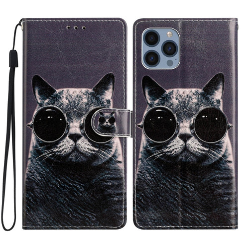 iPhone 15 Pro Max Colored Drawing Leather Phone Case - Sunglasses Cat