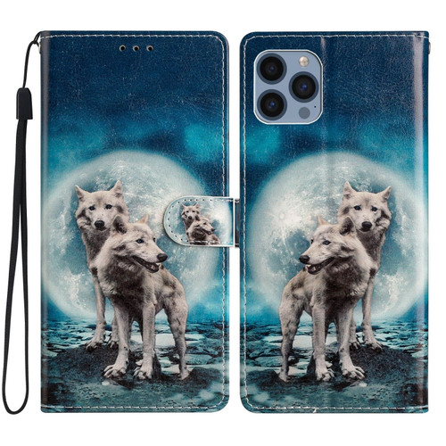 iPhone 15 Pro Max Colored Drawing Leather Phone Case - Twin Wolves