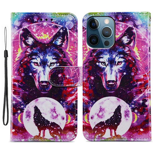iPhone 15 Pro Max Colored Drawing Leather Phone Case - Wolf Totem