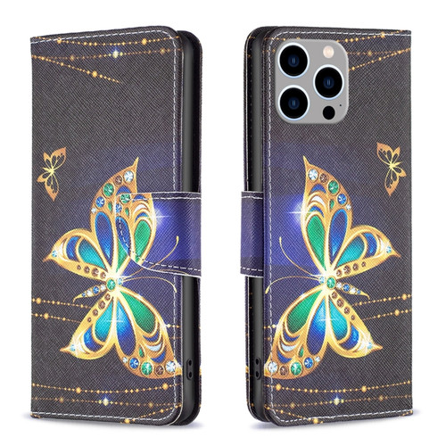 iPhone 15 Pro Max Colored Drawing Pattern Flip Leather Phone Case - Big Butterfly