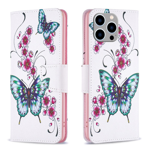 iPhone 15 Pro Max Colored Drawing Pattern Flip Leather Phone Case - Flowers Butterfly