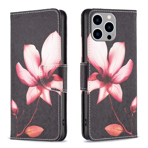 iPhone 15 Pro Max Colored Drawing Pattern Flip Leather Phone Case - Lotus