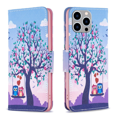 iPhone 15 Pro Max Colored Drawing Pattern Flip Leather Phone Case - Owl