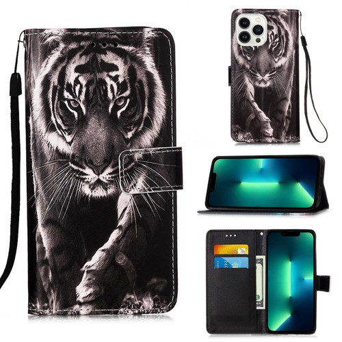 iPhone 15 Pro Max Colored Drawing Pattern Plain Weave Leather Phone Case - Black And White Tiger