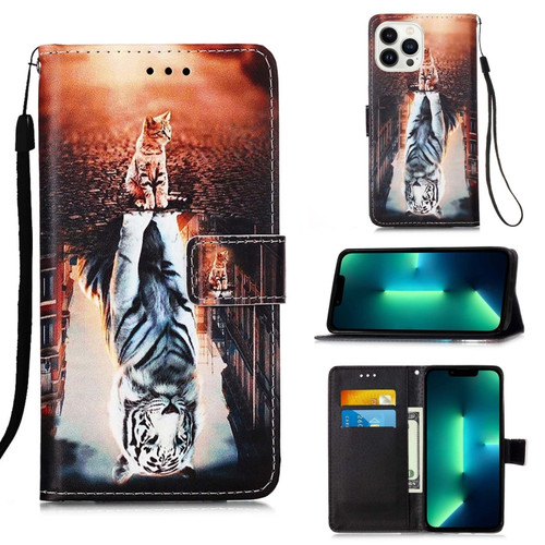iPhone 15 Pro Max Colored Drawing Pattern Plain Weave Leather Phone Case - Cats And Tigers