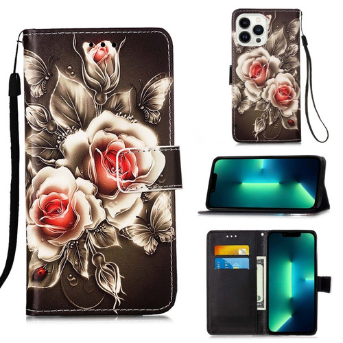 iPhone 15 Pro Max Colored Drawing Pattern Plain Weave Leather Phone Case - Roses On Black