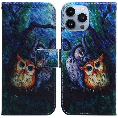 iPhone 15 Pro Max Coloured Drawing Flip Leather Phone Case - Oil Painting Owl