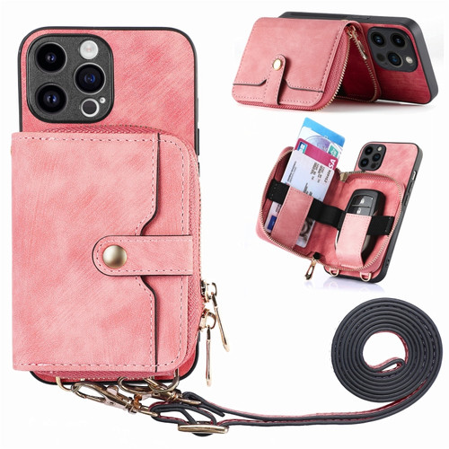 iPhone 15 Pro Max Crossbody Multi-function Zipper Wallet Phone Case - Pink