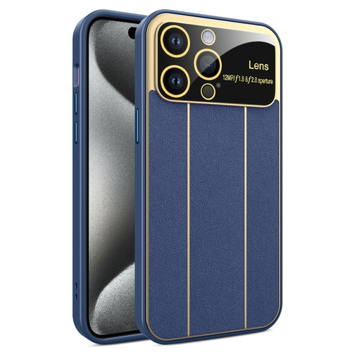 iPhone 15 Pro Max Electroplating Litchi Grain Large Window Phone Case - Dark Blue