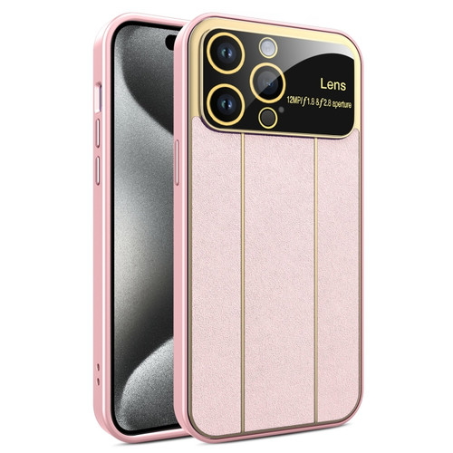 iPhone 15 Pro Max Electroplating Litchi Grain Large Window Phone Case - Pink