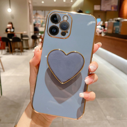 iPhone 15 Pro Max Electroplating Love Heart Holder TPU Phone Case - Blue