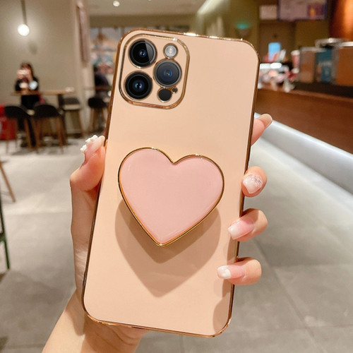 iPhone 15 Pro Max Electroplating Love Heart Holder TPU Phone Case - Pink
