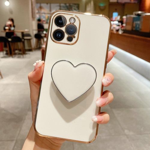 iPhone 15 Pro Max Electroplating Love Heart Holder TPU Phone Case - White