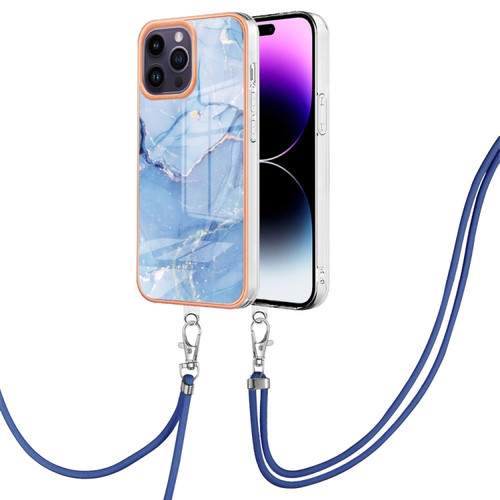 iPhone 15 Pro Max Electroplating Marble Dual-side IMD Phone Case with Lanyard - Blue 018