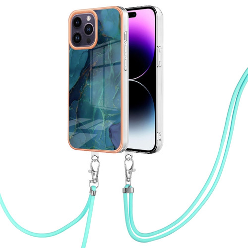 iPhone 15 Pro Max Electroplating Marble Dual-side IMD Phone Case with Lanyard - Green 017
