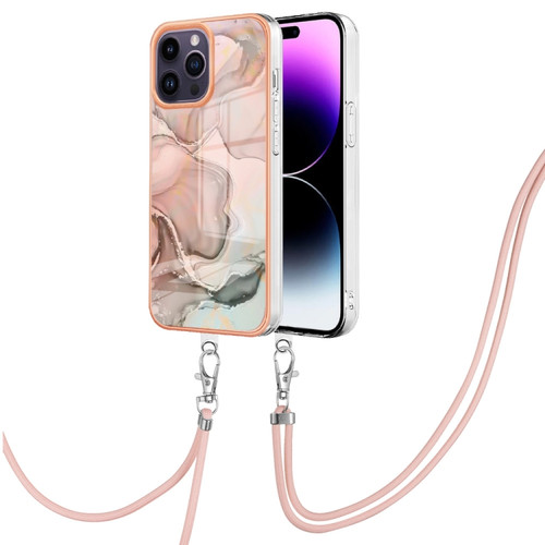 iPhone 15 Pro Max Electroplating Marble Dual-side IMD Phone Case with Lanyard - Rose Gold 015