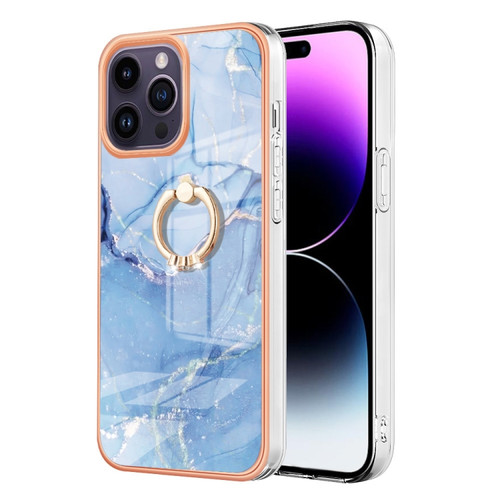 iPhone 15 Pro Max Electroplating Marble Dual-side IMD Phone Case with Ring - Blue 018