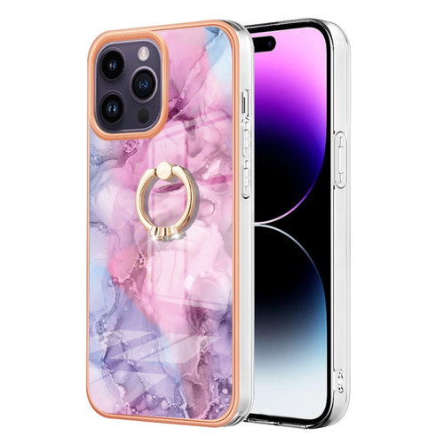 iPhone 15 Pro Max Electroplating Marble Dual-side IMD Phone Case with Ring - Pink 013