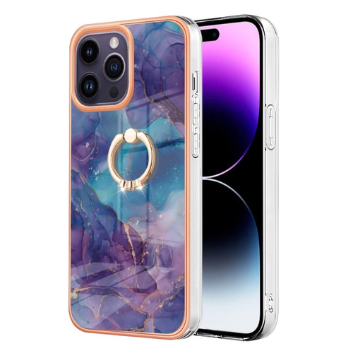 iPhone 15 Pro Max Electroplating Marble Dual-side IMD Phone Case with Ring - Purple 016