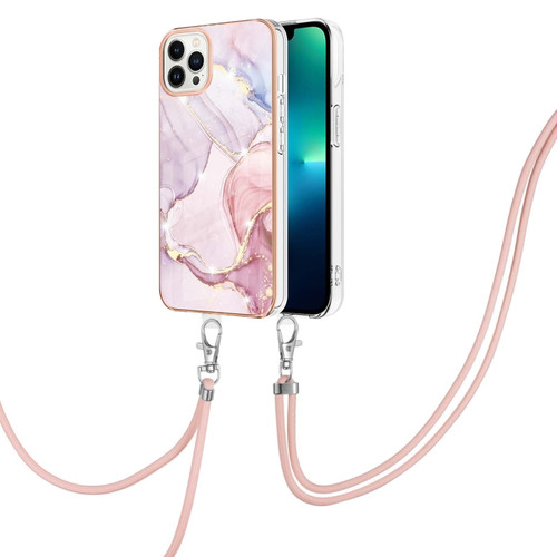 iPhone 15 Pro Max Electroplating Marble Pattern IMD TPU Shockproof Case with Neck Lanyard - Rose Gold 005