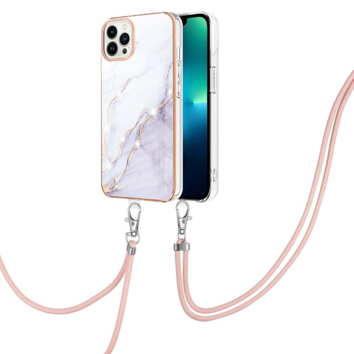 iPhone 15 Pro Max Electroplating Marble Pattern IMD TPU Shockproof Case with Neck Lanyard - White 006