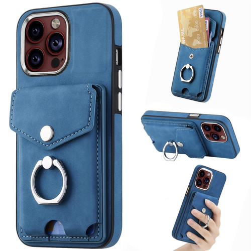 iPhone 15 Pro Max Electroplating Skin-feel Leather Ring Card Wallet Phone Case - Blue