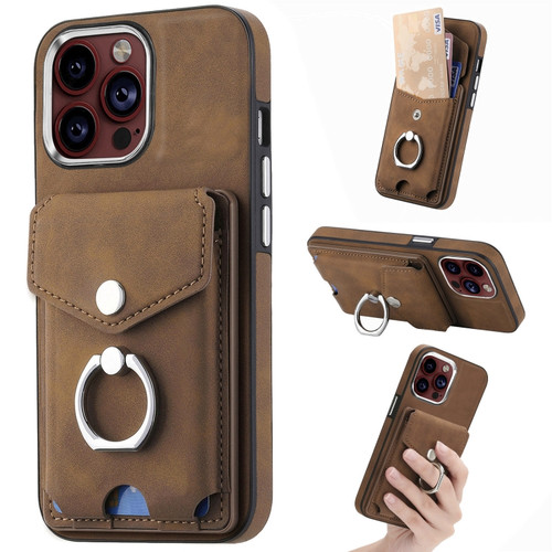 iPhone 15 Pro Max Electroplating Skin-feel Leather Ring Card Wallet Phone Case - Brown