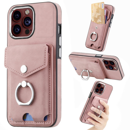 iPhone 15 Pro Max Electroplating Skin-feel Leather Ring Card Wallet Phone Case - Pink