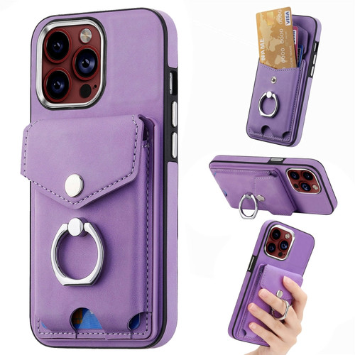 iPhone 15 Pro Max Electroplating Skin-feel Leather Ring Card Wallet Phone Case - Purple