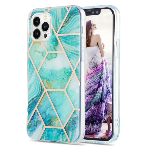 iPhone 15 Pro Max Electroplating Splicing Marble Flower Pattern Dual-side IMD TPU Shockproof Phone Case - Blue