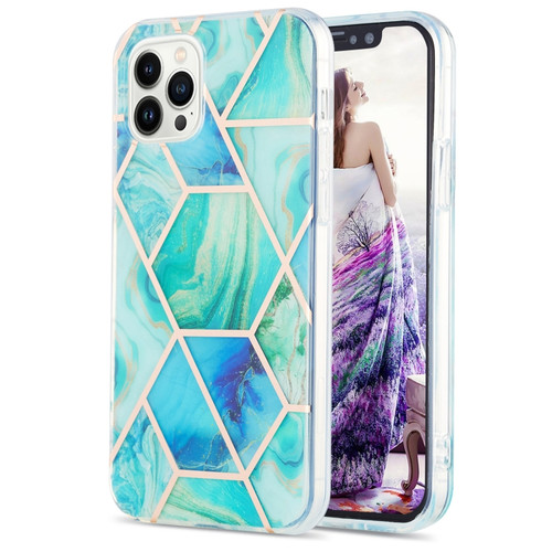 iPhone 15 Pro Max Electroplating Splicing Marble Flower Pattern Dual-side IMD TPU Shockproof Phone Case - Green
