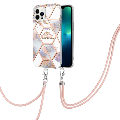 iPhone 15 Pro Max Electroplating Splicing Marble Flower Pattern TPU Shockproof Case with Lanyard - Imperial Crown