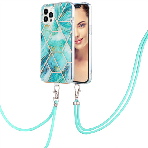 iPhone 15 Pro Max Electroplating Splicing Marble Pattern IMD TPU Shockproof Case with Neck Lanyard - Blue