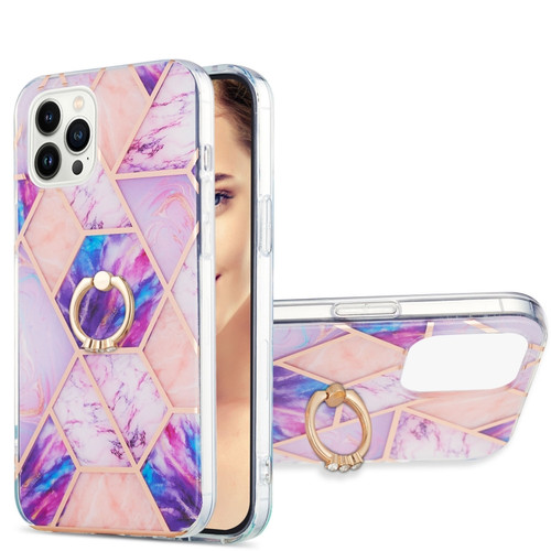 iPhone 15 Pro Max Electroplating Splicing Marble Pattern IMD TPU Shockproof Case with Ring Holder - Light Purple