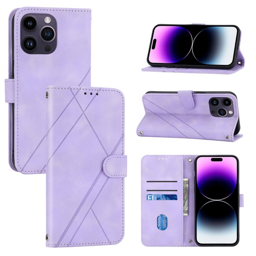 iPhone 15 Pro Max Embossed Line Leather Phone Case with Lanyard - Purple