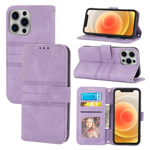 iPhone 15 Pro Max Embossed Stripes Skin Feel Leather Phone Case - Light Purple