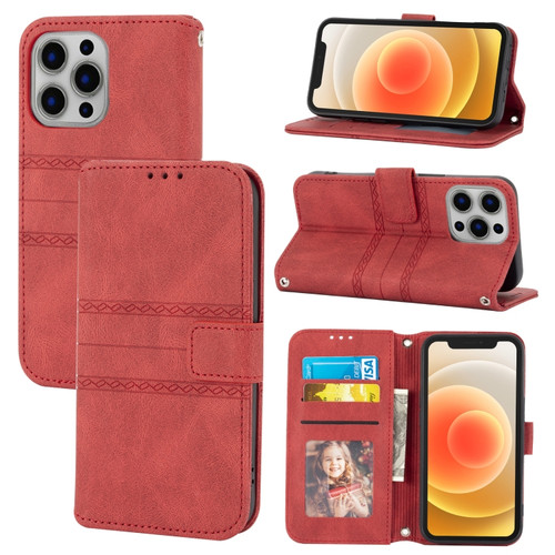 iPhone 15 Pro Max Embossed Stripes Skin Feel Leather Phone Case - Red