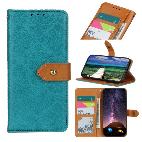 iPhone 15 Pro Max European Floral Embossed Leather Phone Case - Blue