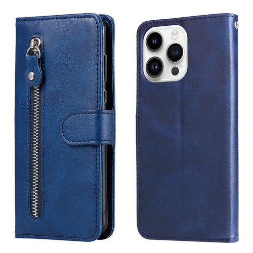 iPhone 15 Pro Max Fashion Calf Texture Zipper Leather Phone Case - Blue