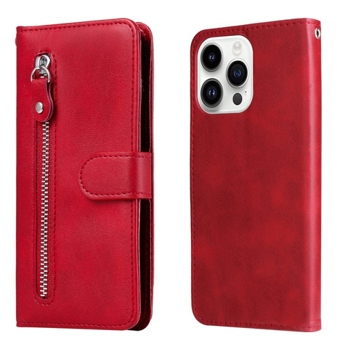 iPhone 15 Pro Max Fashion Calf Texture Zipper Leather Phone Case - Red