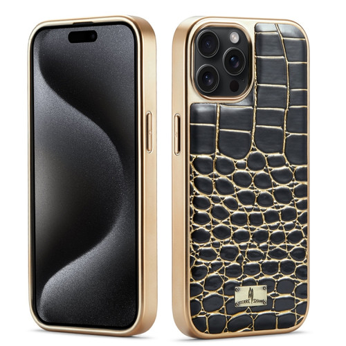 iPhone 15 Pro Max Fierre Shann Crocodile Texture Electroplating PU Phone Case - Black