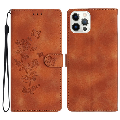 iPhone 15 Pro Max Flower Butterfly Embossing Pattern Leather Phone Case - Brown