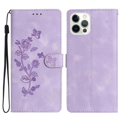 iPhone 15 Pro Max Flower Butterfly Embossing Pattern Leather Phone Case - Purple