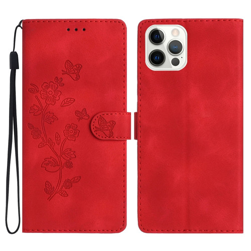 iPhone 15 Pro Max Flower Butterfly Embossing Pattern Leather Phone Case - Red