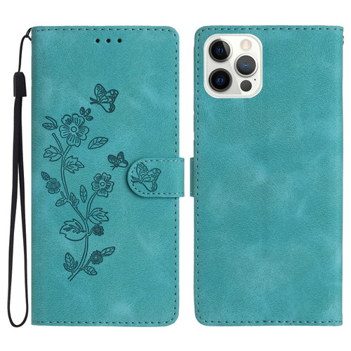 iPhone 15 Pro Max Flower Butterfly Embossing Pattern Leather Phone Case - Sky Blue