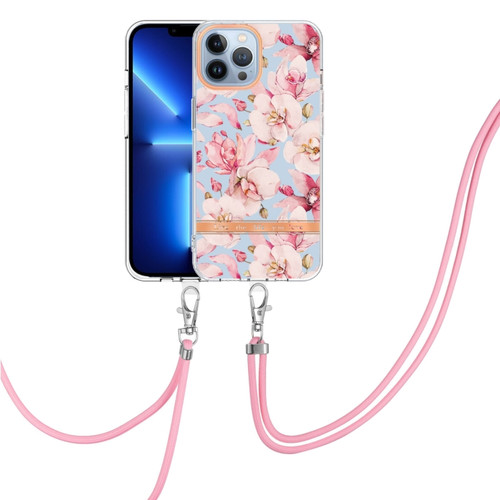 iPhone 15 Pro Max Flowers and Plants Series IMD TPU Phone Case with Lanyard - Pink Gardenia