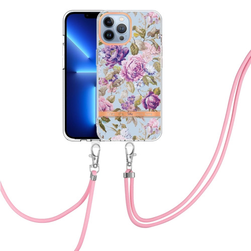 iPhone 15 Pro Max Flowers and Plants Series IMD TPU Phone Case with Lanyard - Purple Peony