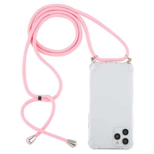 iPhone 15 Pro Max Four-Corner Shockproof Transparent TPU Case with Lanyard - Light Pink