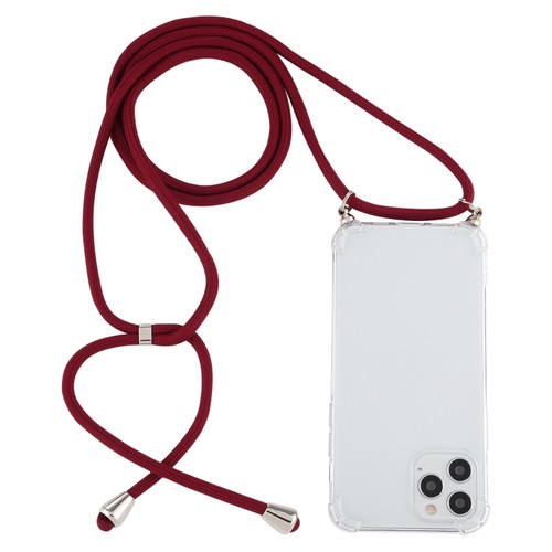 iPhone 15 Pro Max Four-Corner Shockproof Transparent TPU Case with Lanyard - Wine Red